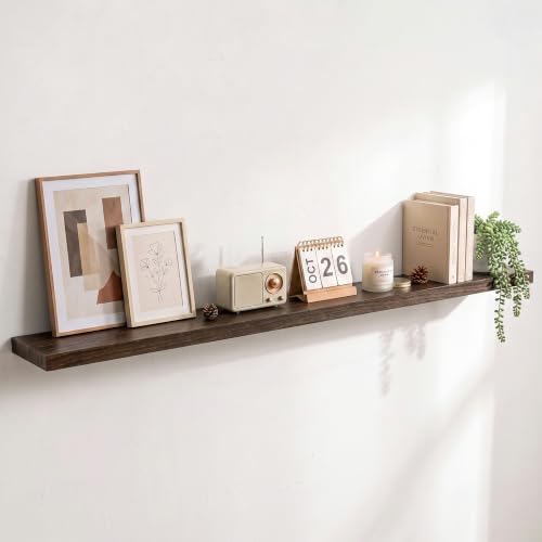Image of Elm Floating Shelves for Wall - 55 in Rustic Solid Wood Shelves with Heavy-Duty Invisible Bracket, Wall-Mounted Wooden Shelf for Living Room, Bathroom, Kitchen Storage & Display, Set of 1, Walnut