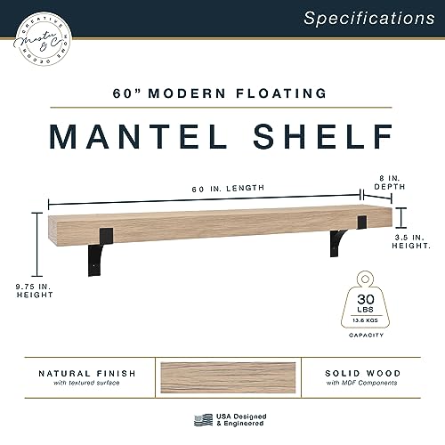 Image of Master & Co. Modern Floating Fireplace Mantel with Black Metal Brackets, Long Floating Shelves for Wall Decor, 60 inches, Natural Woodgrain