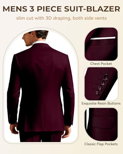 Image of Men's 3 Piece Slim Fit Suit Set, Two Button Blazer Solid Jacket Vest Pants Wedding Business Suit