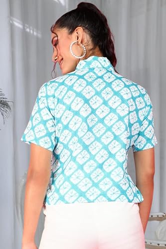Image of POPWINGS Ethnic Printed Cotton Half Sleeves Regular Fit Crop Shirts for Women Stylish Western Casual Wear