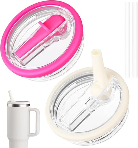 2 Pack 40 oz Tumbler Flip Straw Lid Replacement fit for Stanley Quencher, Spill Proof Tumbler Cover for Stanley Cup (white rose)