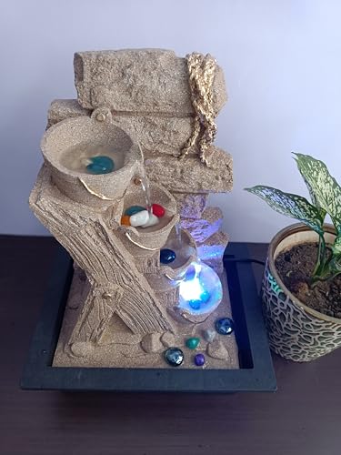 Image of Decorative Table Top Water Fountain for Home Decor /Office /Indoor & Outdoor /Garden /Puja Room /Vaastu with Multicolor LED Light and Adjustable Water Pump (Yellow Diya)