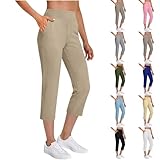 Capri Pants For Women High Waist Straight Leg Stretch Pants Summer Work Golf Capris With Pockets Beige