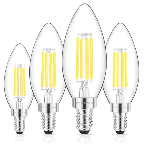GGOYING E12 Candelabra LED Bulb 60W Equivalent, 600LM Dimmable Chandelier Light Bulbs, 5000K Daylight White, 85+ CRI Candle Base Clear Filament Bulbs, 4-Pack