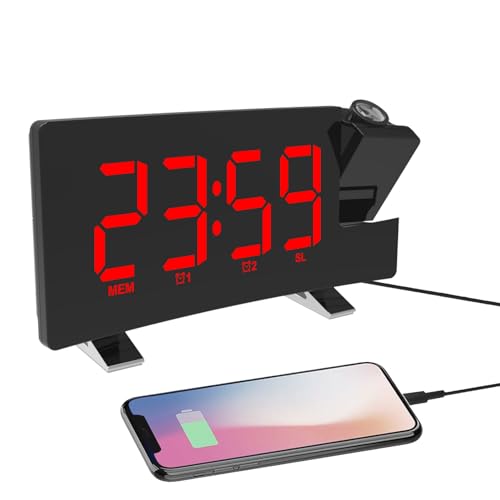 ThreeH Réveil à Projection avec Chargeur Téléphone USB Radio-réveil avec 2 Sons d'alarme/4 Gradateurs/Rotation à 180°/Grand écran LED 5,5