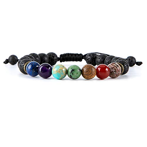 Chakra Bead Bracelets for Women - 8mm 7 Chakras Anxiety Bracelet Yoga Meditation Gemstone Beads Bracelets(Adjustable Lava Chakra)