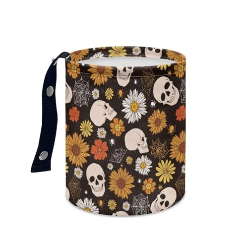 Image of Halloween Gothic Skull Car Trash Bag Portable Garbage Bin Hippie Daisy Retro for Car Front Seat, Back Seat, Floor, Easy to Clean Car Garbage Accessory Car Interior Decoration