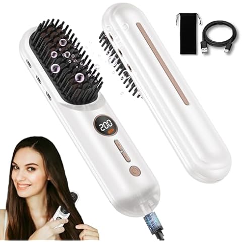 Cordless Hair Straightener Brush, Atopskins Portable Hair Straightener Brush with Negative Ion, 30s Fast Heating, 9000mah Rechargeable Battery, Perfect for Travel & All Hair Types, White Cover