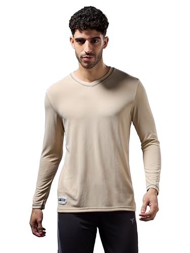 Image of TECHNOSPORT Men Polyester Slim Fit Full Sleeve Solid Textured V-Neck T-Shirt with Anti Microbial, SPF50+ Protectial for Regular Use, Gym and Workout