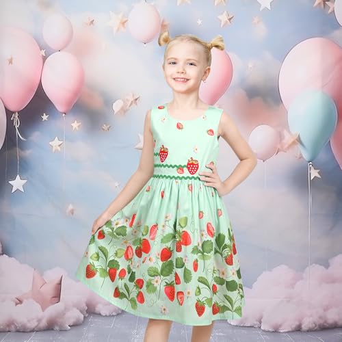 Sunny Fashion Girls Dress Green Floral Strawberry Embroidery Zigzag Summer Size 4-5 - Thumbnail 2