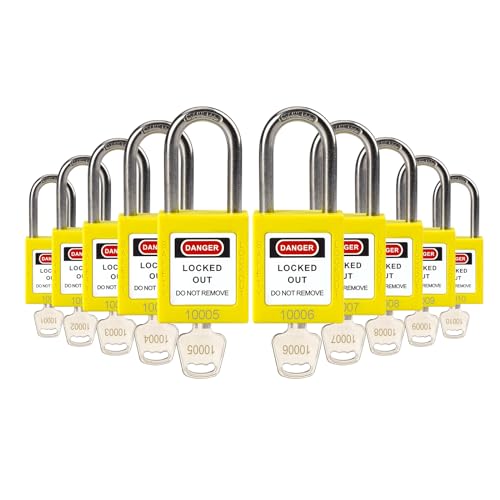 Image of Lockout Tagout Locks with Brass Core, Keyed Different, 10 Yellow Safety Padlocks Keyed Different, 1 Keys Per Lock, OSHA Compliant Loto Locks for Electrical Lock Out Tag Out Kits