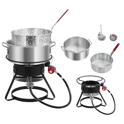 Outdoor Propane Deep Fryer with 58,000 BTU Cast Iron Burner, 11 QT Round Fish Fryer & 6.7 QT Basket, Heavy Duty Steel Rack for Backyard, Camping, Tailgating, Black