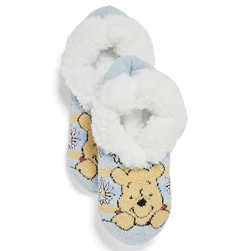 Winnie the Pooh Women's Disney Single Teddy Fur Slipper Socks, Blue Light, 9-11