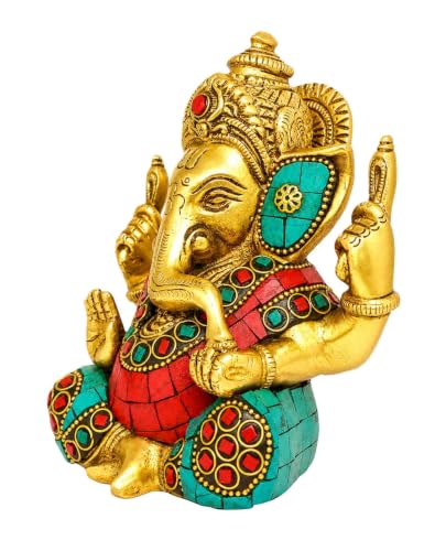 Image of Brass Ganesha Idol 5.5-Inch - Premium Ganpati Statue with Multicolour Stone Inlay for Health, Wealth, Prosperity and Home Decor