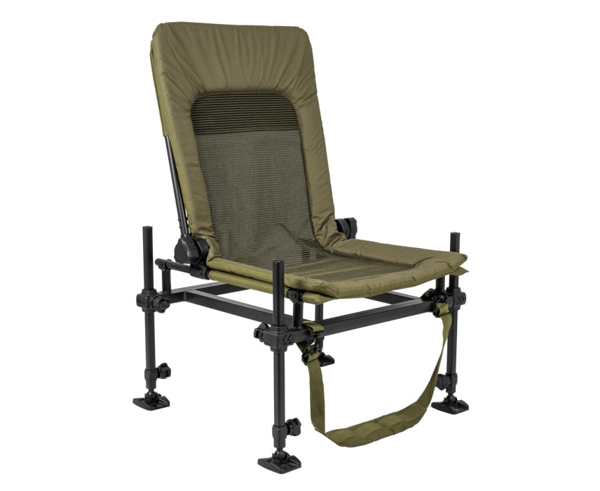 Korum Progress Supa Lite Stretch Feeder Fishing Chair S23 | Spring Loaded Vertical Telescopic legs | Breathable Supa Lite Stretch Fabric | Removable Padded Seat | Weight: 6.4kg | Code K0300052