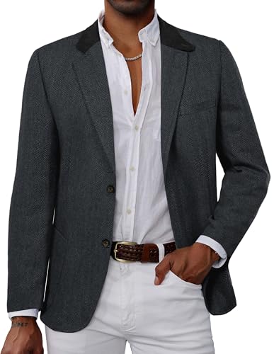 PJ PAUL JONES Mens Herringbone Blazer Casual Suit Jacket Vintage Wool Blazer Tweed Jacket Sports Coats M Dark Gray