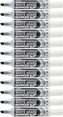 Pentel Maxiflo Dry Wipe Chisel Tip Marker - Black (Pack of 12), MWL6-AO