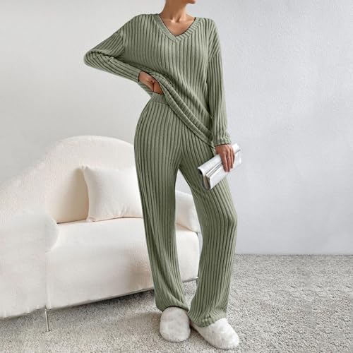 Schlafanzug Damen, Schlafanzug Damen Lang Pyjama Set V-Ausschnitt Gestricktes Hausanzug Zweiteiler Strickhose AUD Strickpullover Sportanzug Mit Taschen Loungewear Yoga-Sets 2 Stück, Armeegrün