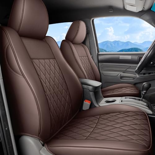 Image of Coverado Tacoma Seat Covers, Leather Front Car Seat Covers for Toyota Tacoma, Car Seat Protector Compatible with 2005-2023 Toyota Tacoma Double /Crew Cab(Brown)