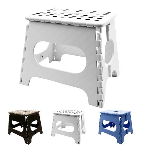 Folding Step Stool 11", Durable Kids Step Stool, Heavy Duty Step Stools for Adults, Compact Foot Stools, Light-Skid Resistant and Open with one flip for Kitchen, Bathroom, Holds Up to 300 lbs (White)
