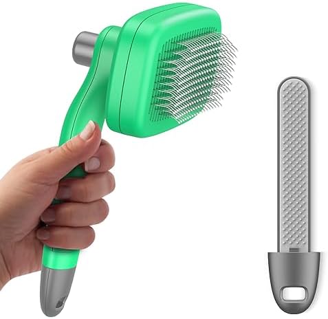 Self-Cleaning Slicker Brush for Shedding & Grooming Long Short Haired Dogs & Cats, Pets Retractable Brush with Hair Remover Tool in Handle. Removes Loose Fur, Undercoat, Tangles Hair, Green