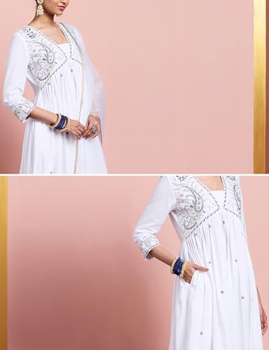 Image of Amazon Brand - Myx Women's Embroidered Anarkali Kurta Pant Set with Organza Dupatta | Salwar Suit (Available in Plus Sizes)
