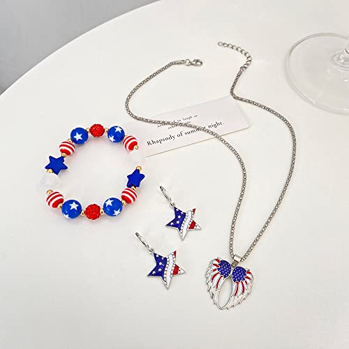 Mifynn 4Th Of July Earrings Necklace & Bracelet Jewelry Set Star Patriotic Earrings Red Blue White Beaded Bracelet Independence Day Gift For Women (Flag) #TOP1