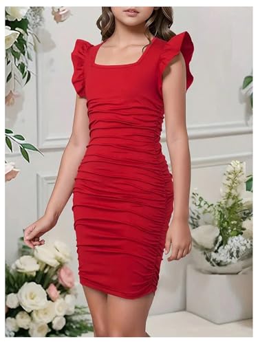 Floerns Girl's Ruffle Cap Sleeve Ruched Square Neck Tight Cocktail Party Bodycon Dresses3