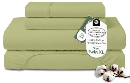 Royale Linens 100% Organic Cotton Twin XL Sheet Set - Percale Weave - 3 Pieces Set - 1 Flat, 1 Deep Pocket Fitted Sheet &1 Pillowcases - Sage Green Bed Sheets -Sábanas Twin XL -Crisp Cool (Sage Green)