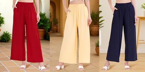Image of Buy That Trendz Palazzo Pants for Women Rayon Elasticated Regular Fit Flared Wide Leg M to 6XL Pack of 3