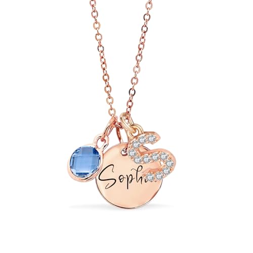 Customized Birthstone Necklace with Initial, Personalized Silver Name Plate Necklace for Women, Custom Pendant Jewelry Gifts for Christmas Birthday Thanksgiving Anniversary