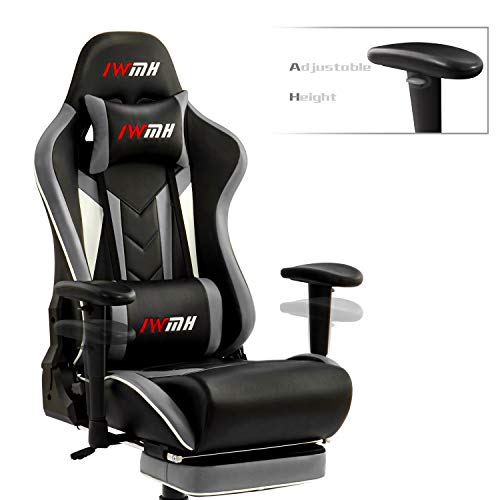 Iwmh Gaming Chair, Ergonomic Gamer Chair, Office Chair With Footrest, High Back Reclining Computer Desk Chair For Home Office, Adjustable Leather Racing Chair With Headrest Lumbar Support (Grey) #TOP5