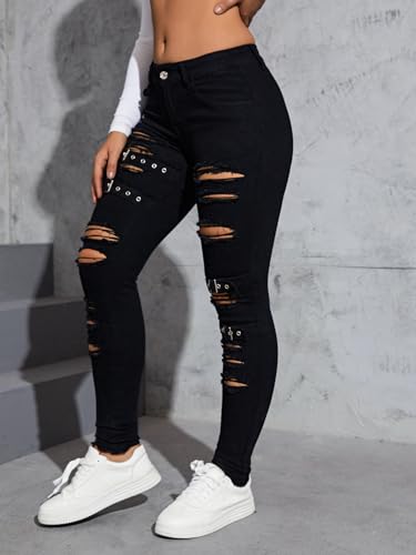 Floerns Women's Ripped Distressed High Waist Jeans Stretch Denim Pants3