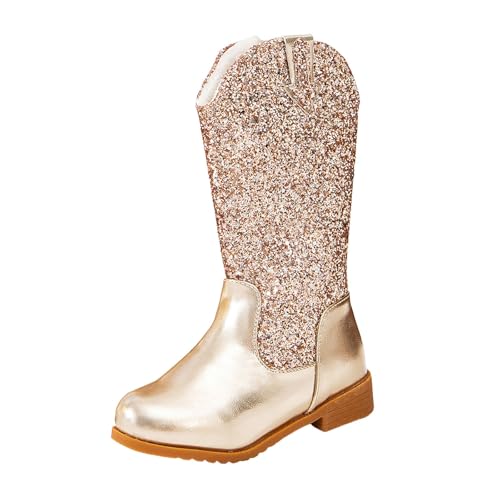 IWIHMIV Glitter Cowboy Boots for Girls Kids Western Mid Calf Boots with Zipper Soft Sole Warm Long Booties for Party