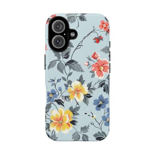 Coque rigide iPhone 16 bleu pastel à motif floral vintage mat