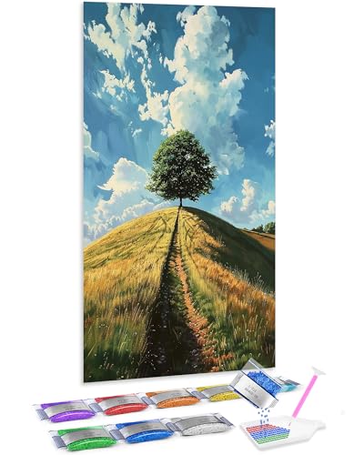 Kit de pintura de diamante 5D Jumpdot de gran árbol en la colina para manualidades de 70x40 cm