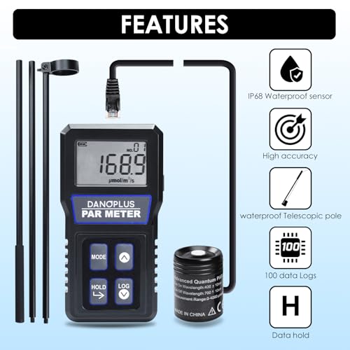 Image of PAR Meter, Par Meter for Reef Tank IP68 Waterproof Aquarium PAR Meter, 400-700nm Spectral Range PPFD Meter Data Logger, 37 inch Telescopic Pole, 79'' Sensor Cable Included