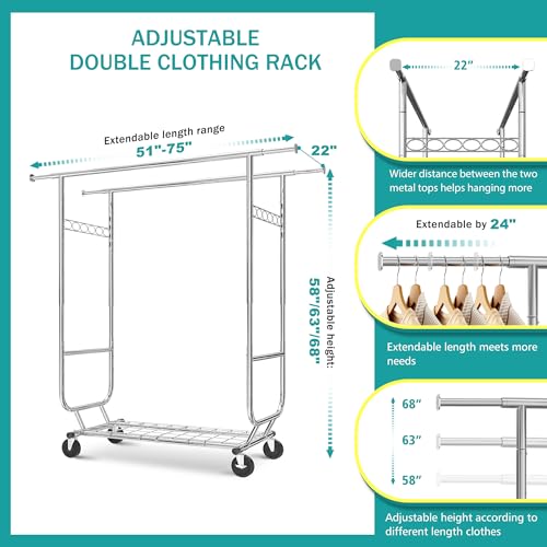 Raybee 2021090901 Clothes Rack,Clothing Rack 630 Lbs Heavy Duty Clothes Rack With Wheels Clothing Racks For Hanging Clothes Rolling Clothes Rack Adjustable & Commercial Garment Rack 22 Inch D X 74 Inch W X 68 Inch H thumb #4