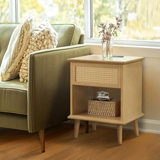 Image of Ink+Ivy End Table with Handwoven Rattan Design, Night Stand with Storage Drawers and Shelves, Equipped with Charging Function and LED Light, Solid Wood Material, for Bedroom, Small Space