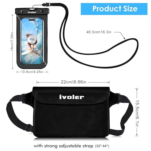 ivoler wasserdichte Tasche Beutel Bauchtasche Schutzhülle mit wasserdichte Handyhülle, Universal Strand-Tasche mit Handytasche Wasserdicht für Wassersport, Strand, Schwimmen, Bootfahren (schwarz)