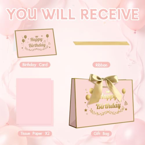 Image of JMANNI Pink Gold Happy Birthday Gift Bag with Card and Tissue Paper, 12.6 inchx8.66 inchx3.9 inch Elegant Present Bag for Men Women, Year Old Birthday Keepsake Party Supplies