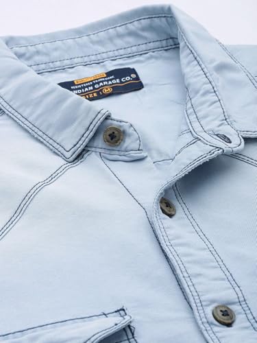 Image of The Indian Garage Co Men Slim Fit Solid Full Sleeves Cutaway Collar Double Flap Pocket Casual Denim Shirt