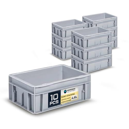 Horison Industries 10 pcs 4.6L Euro Stacking Industrial Plastic Storage Container, Euro Container Storage Boxes - 300x200x120mm Stacking Crates, Van Plastic Crates, Grey Stacking Storage Container