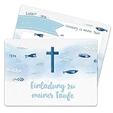 12 Einladungskarten zur Taufe - Motiv Kreuz und Fische - Einladung zur Heiligen Taufe für Mädchen und Jungen - hochwertig gedruckt in DIN A6