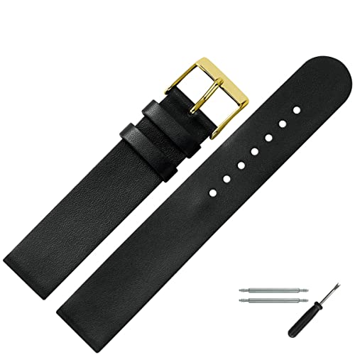 MARBURGER Uhrenarmband 18mm Leder Schwarz Gold Glatt - Montage Set 2721810000220