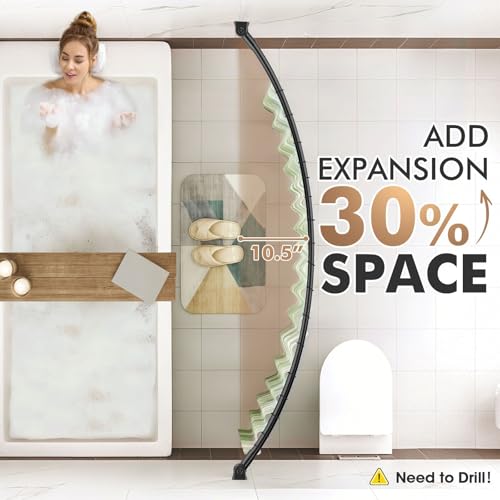 Curved Shower Curtain Rod for Bathroom, 40-72 Inches Adjustable Shower Rod | Rustproof Shower Curtain Rod with Rotating Brackets for Extra 30% Large Shower Space, 0.9MM thickness, Need to Drill, Black