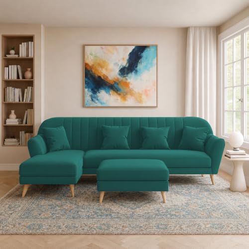Image of Atticus LHS 6 Seater L Shape Sofa Set with Ottoman Living Room (Pine Colour Fabric) Premium Fabric Sofa Set for Living Room