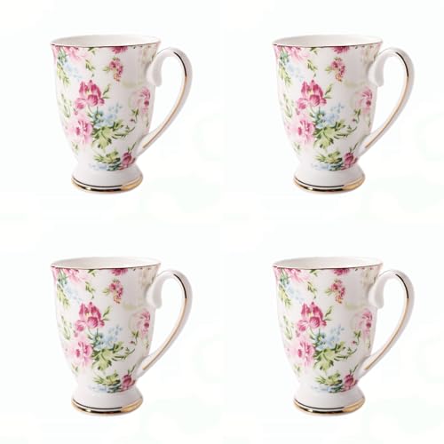 4 Piece Porcelain Mugs Set - 11 oz/312 ml New Bone China Floral Coffee Tea Water Cup - Tea Coffee Cappuccino Home Kitchen Office Gift Mug Set