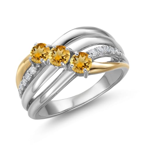 Gem Stone King 925 Silver and 10K Yellow Gold Yellow Citrine and Lab Grown Diamond Engagement Ring for Women | 0.92 Cttw | Round 4MM | Gemstone November Birthstone | Available in Size 5,6,7,8,9