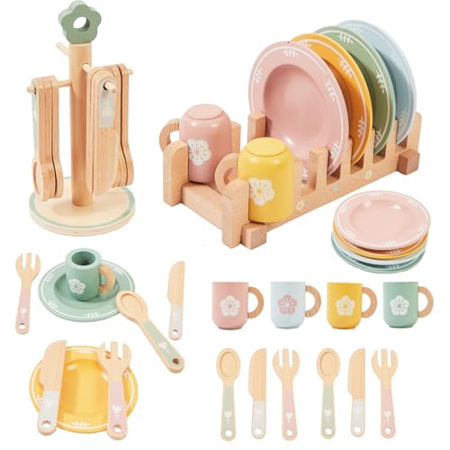 Benhurb Wooden Tea Set for Toddlers, Wooden Toys, Mud Kitche